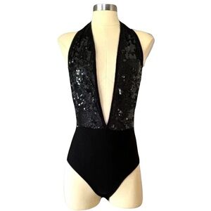 Leg Avenue Vintage Bodysuit Black Shimmer Sequin Snap Plunging Halter Top Y2K, L